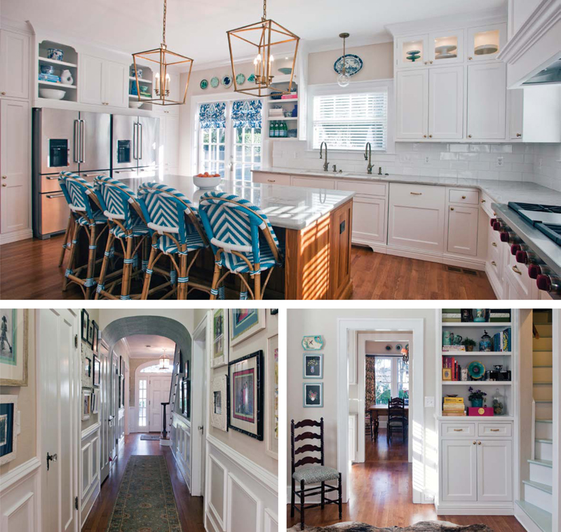 The kitchen island (top) was made from heart pine salvaged from the floor. The hallway leading from the kitchen to the front door (above left) features an arch original to the home (although the wainscoting is new), and period-appropriate wallpaper. Decorations include family photographs and vintage Florida maps. In the former kitchen, now an office (above right), is a narrow second staircase originally intended for the household help to use.